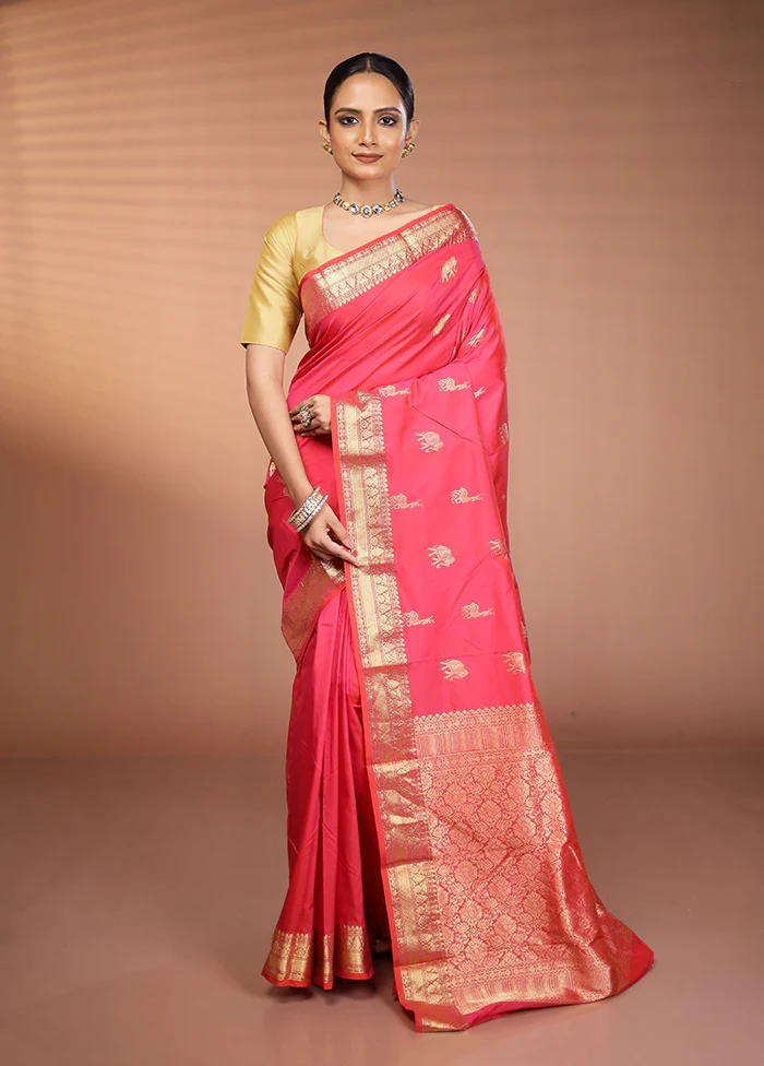 Pink Handloom Kanjivaram Pure Silk Saree With Blouse Piece - Image 2