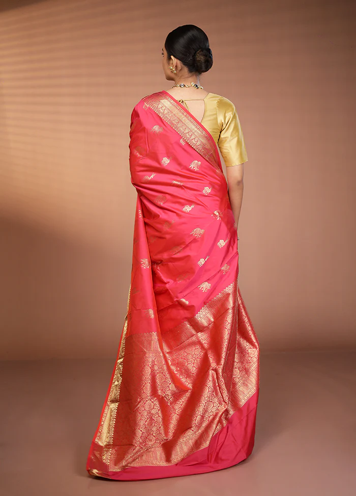 Pink Handloom Kanjivaram Pure Silk Saree With Blouse Piece - Image 3
