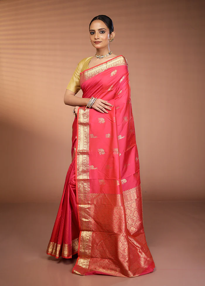 Pink Handloom Kanjivaram Pure Silk Saree With Blouse Piece - Image 4