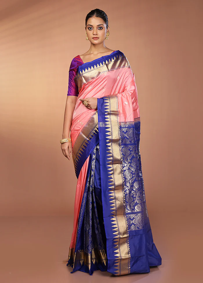 Peach Handloom Kanjivaram Pure Silk Saree With Blouse Piece - Image 2