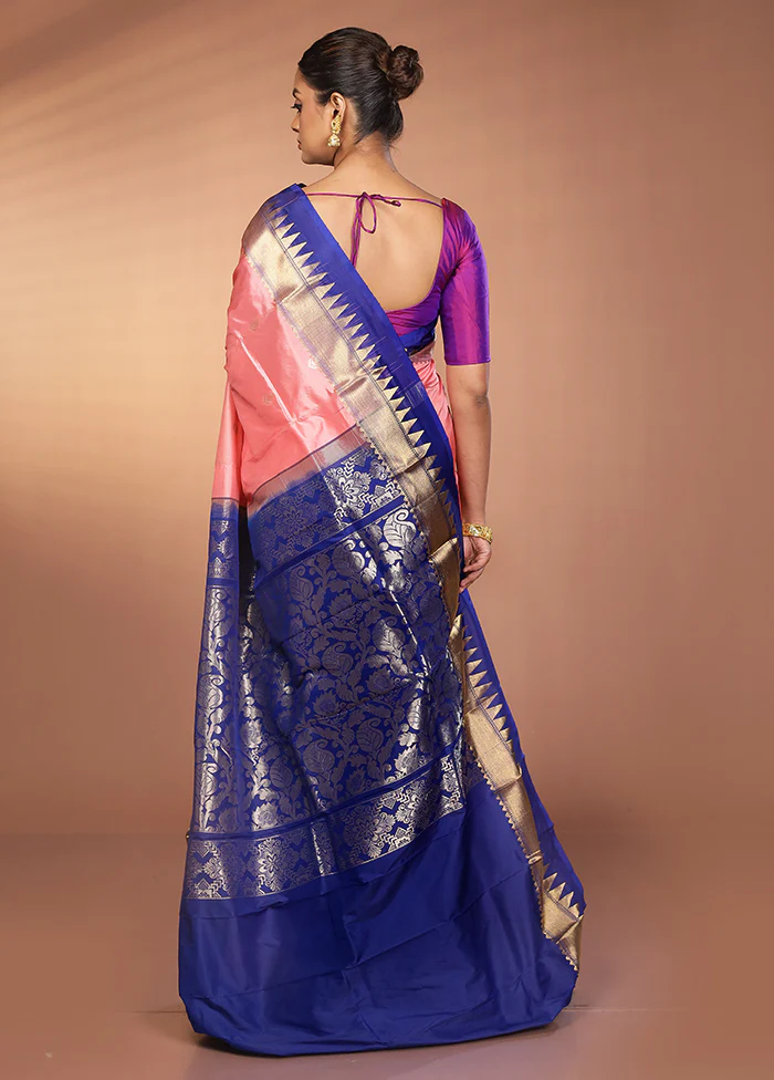 Peach Handloom Kanjivaram Pure Silk Saree With Blouse Piece - Image 3