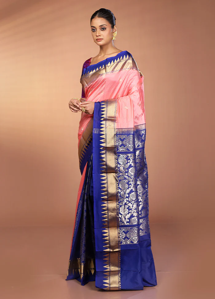 Peach Handloom Kanjivaram Pure Silk Saree With Blouse Piece - Image 4