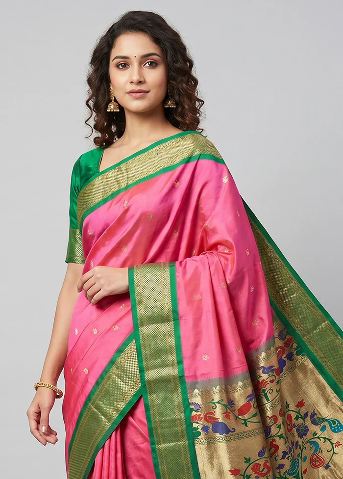 Pink Handloom Kanjivaram Pure Silk Saree With Blouse Piece - Image 2