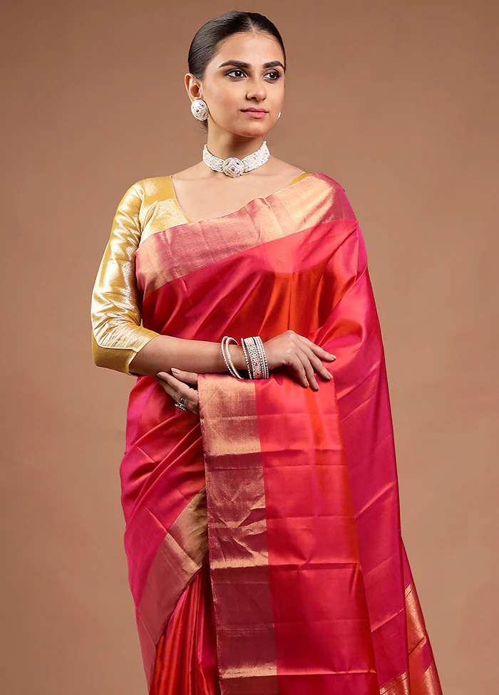 Pink Handloom Kanjivaram Pure Silk Saree With Blouse Piece - Image 2