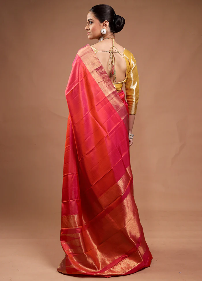 Pink Handloom Kanjivaram Pure Silk Saree With Blouse Piece - Image 3