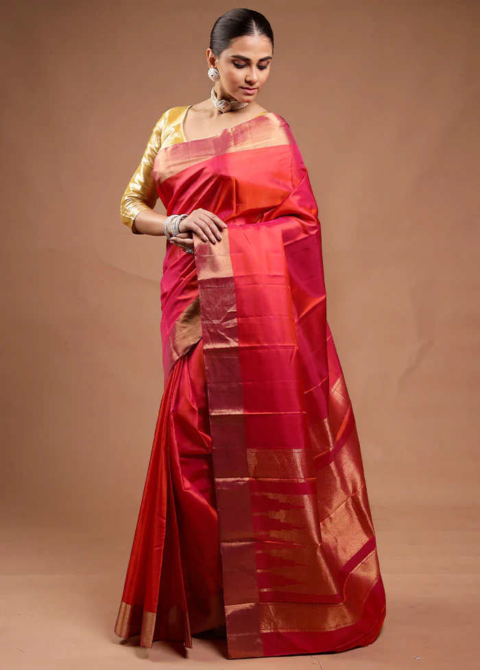 Pink Handloom Kanjivaram Pure Silk Saree With Blouse Piece - Image 4