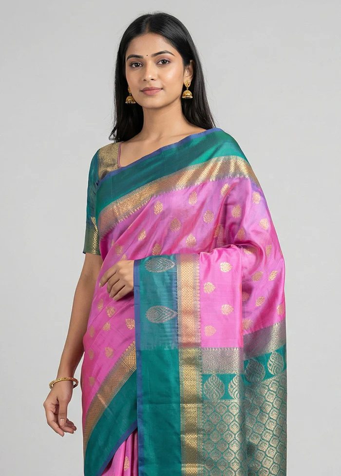 Pink Handloom Kanjivaram Pure Silk Saree With Blouse Piece - Image 2