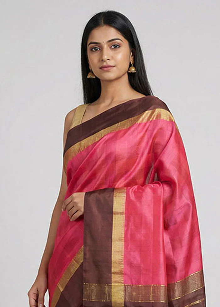 Pink Handloom Kanjivaram Pure Silk Saree With Blouse Piece - Image 2