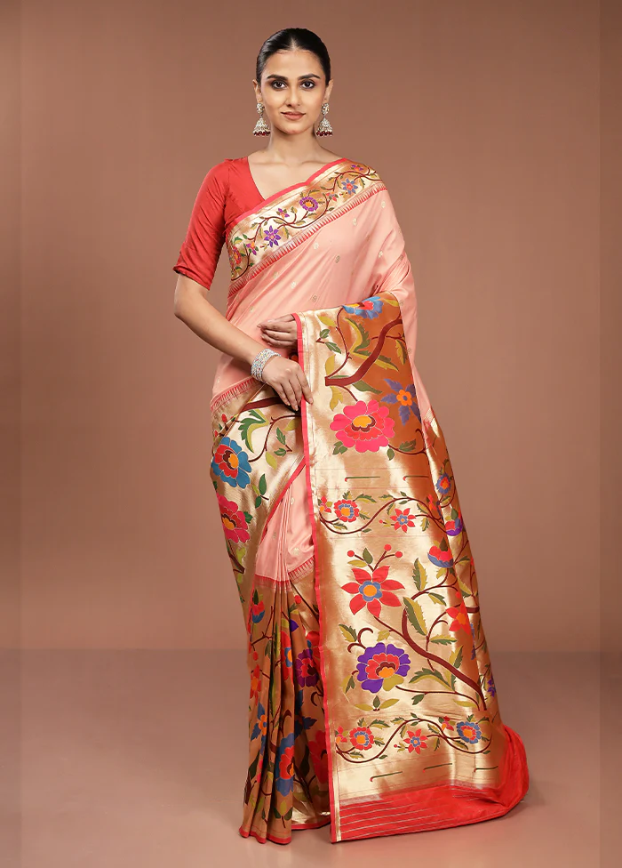 Pink Handloom Kanjivaram Pure Silk Saree With Blouse Piece - Image 2