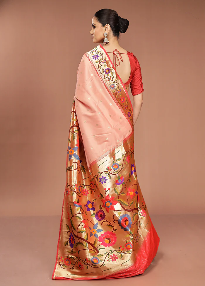 Pink Handloom Kanjivaram Pure Silk Saree With Blouse Piece - Image 3