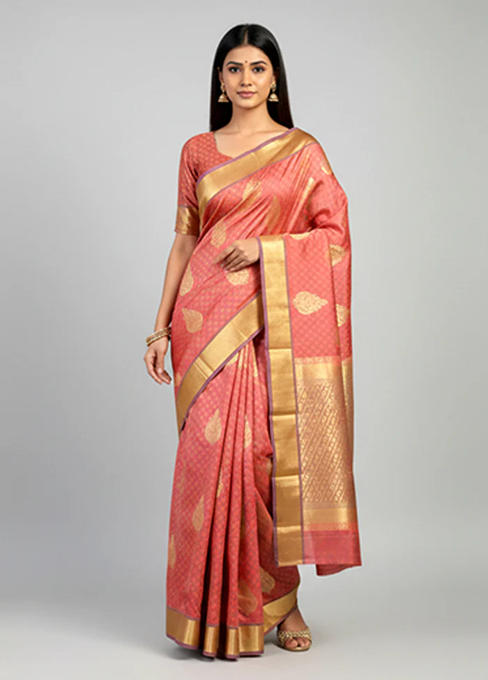 Pink Handloom Kanjivaram Pure Silk Saree With Blouse Piece