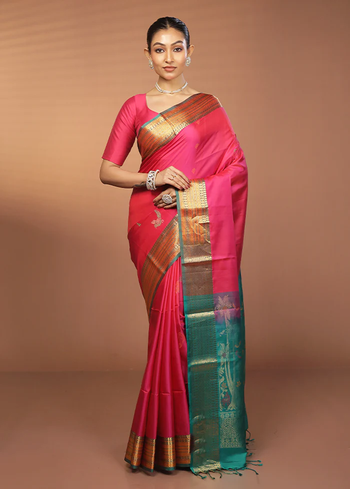 Pink Handloom Kanjivaram Pure Silk Saree With Blouse Piece - Image 2