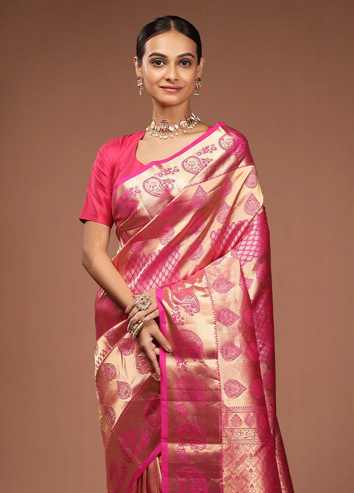 Pink Handloom Kanjivaram Pure Silk Saree With Blouse Piece