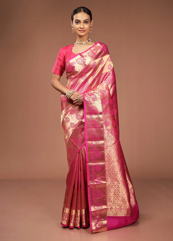 Pink Handloom Kanjivaram Pure Silk Saree With Blouse Piece - Image 2