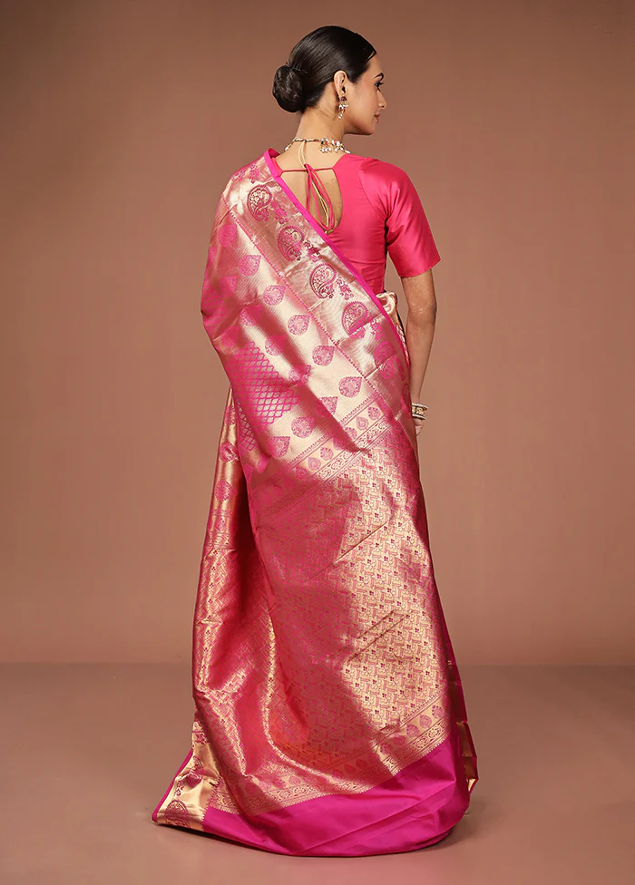 Pink Handloom Kanjivaram Pure Silk Saree With Blouse Piece - Image 3