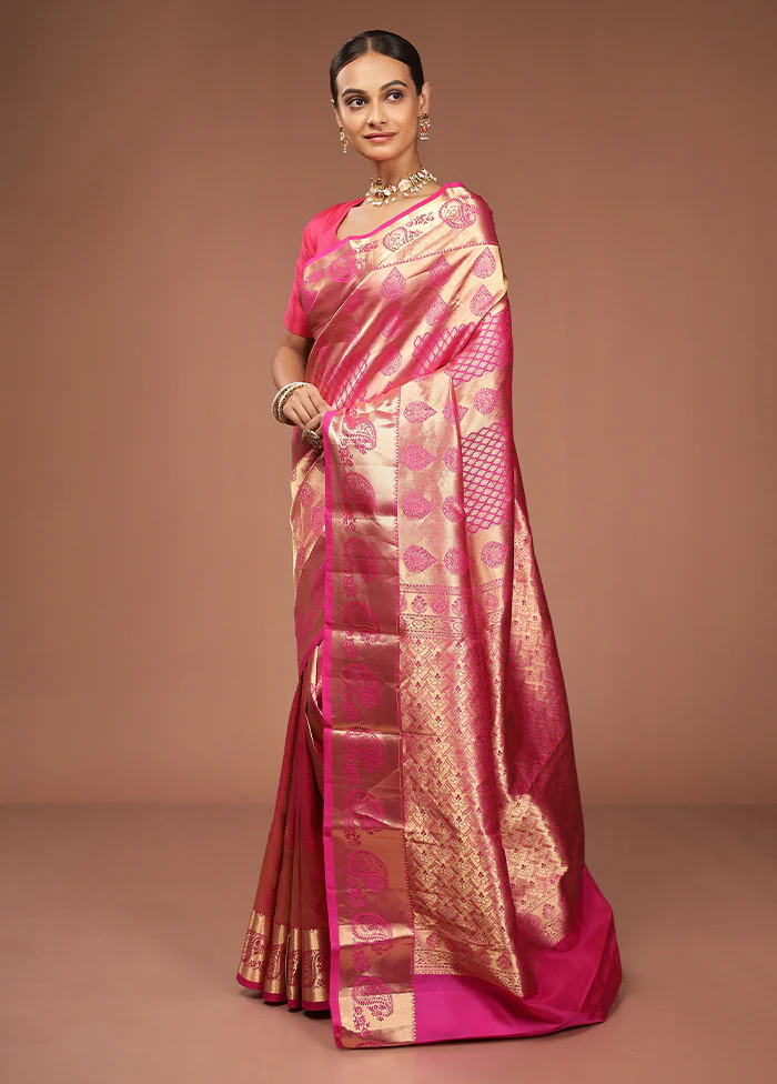 Pink Handloom Kanjivaram Pure Silk Saree With Blouse Piece - Image 4