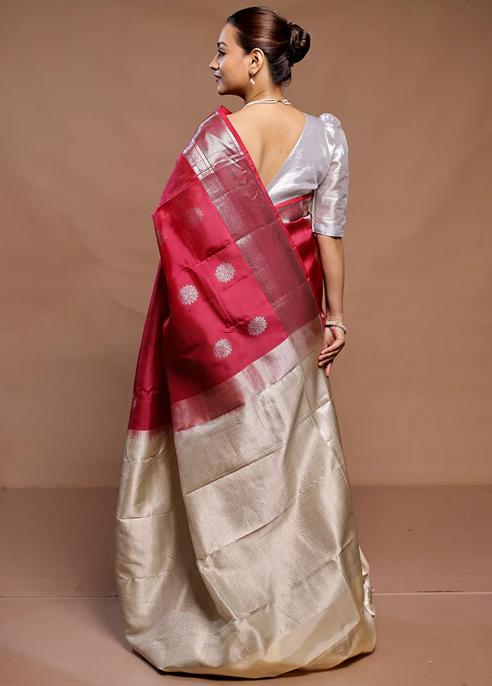 Pink Handloom Kanjivaram Pure Silk Saree With Blouse Piece - Image 3