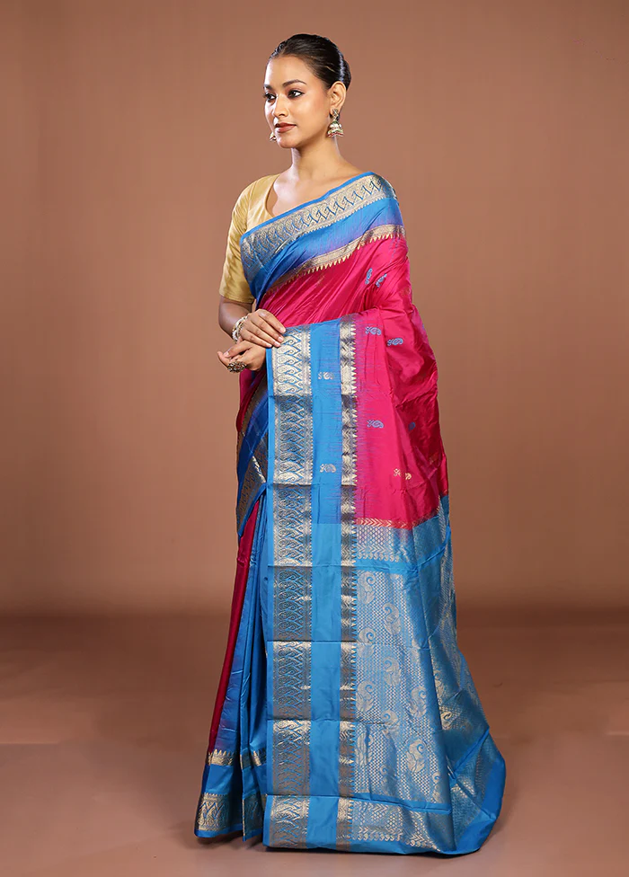 Pink Handloom Kanjivaram Pure Silk Saree With Blouse Piece - Image 4