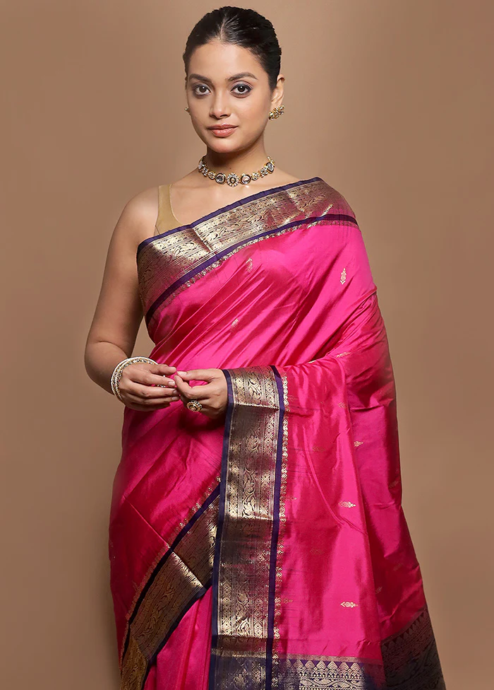 Pink Handloom Kanjivaram Pure Silk Saree With Blouse Piece - Image 2