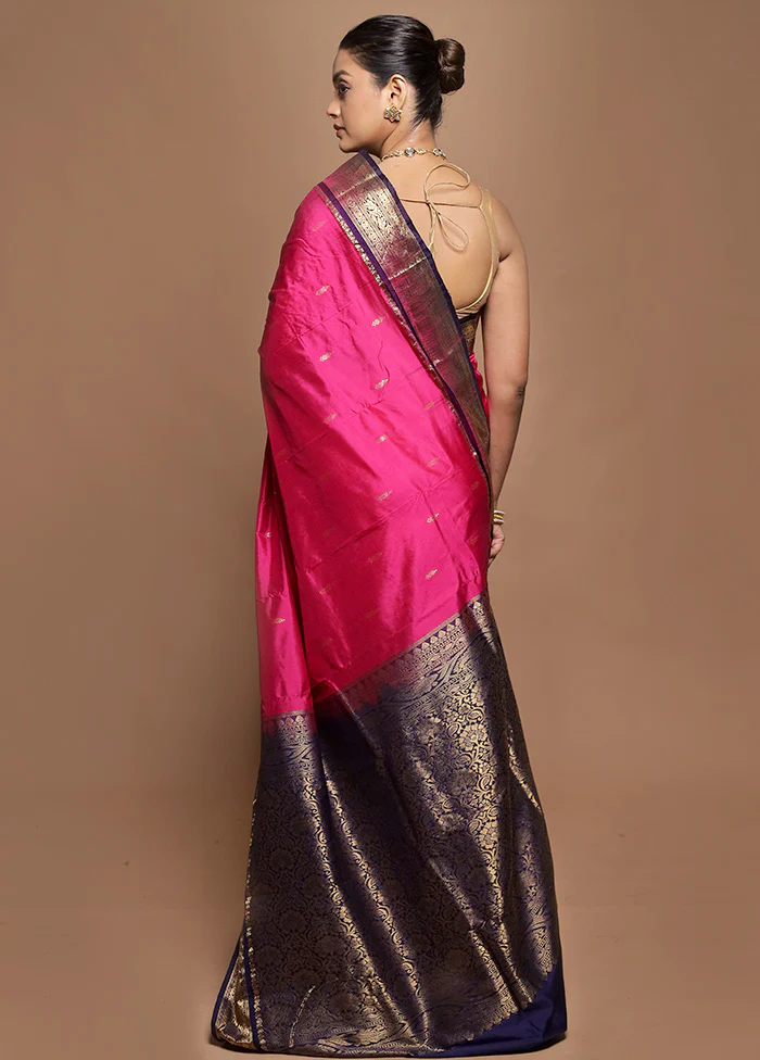 Pink Handloom Kanjivaram Pure Silk Saree With Blouse Piece - Image 3
