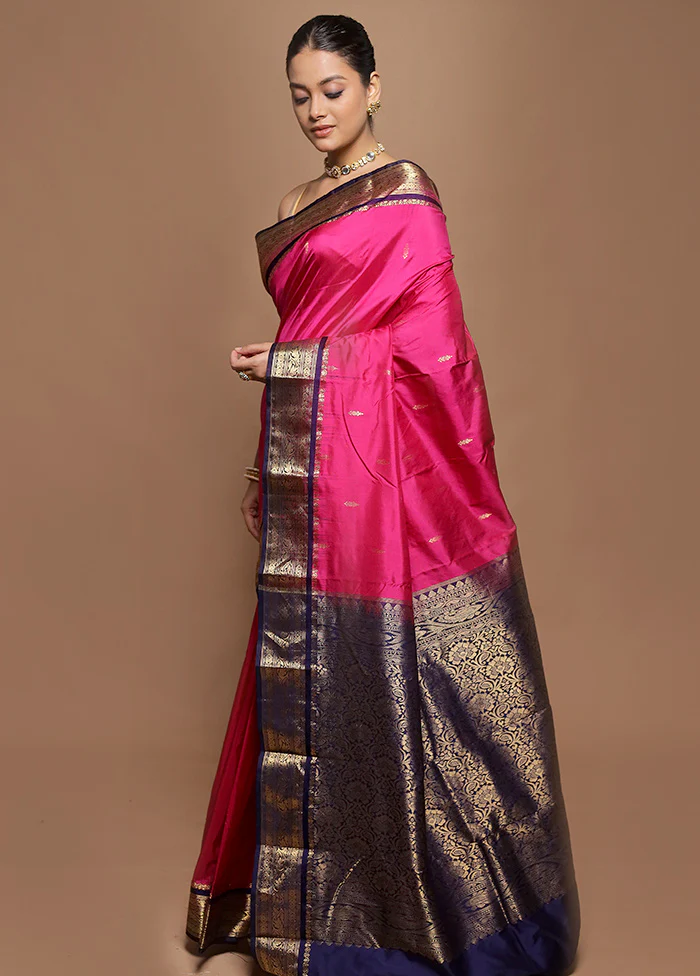 Pink Handloom Kanjivaram Pure Silk Saree With Blouse Piece - Image 4
