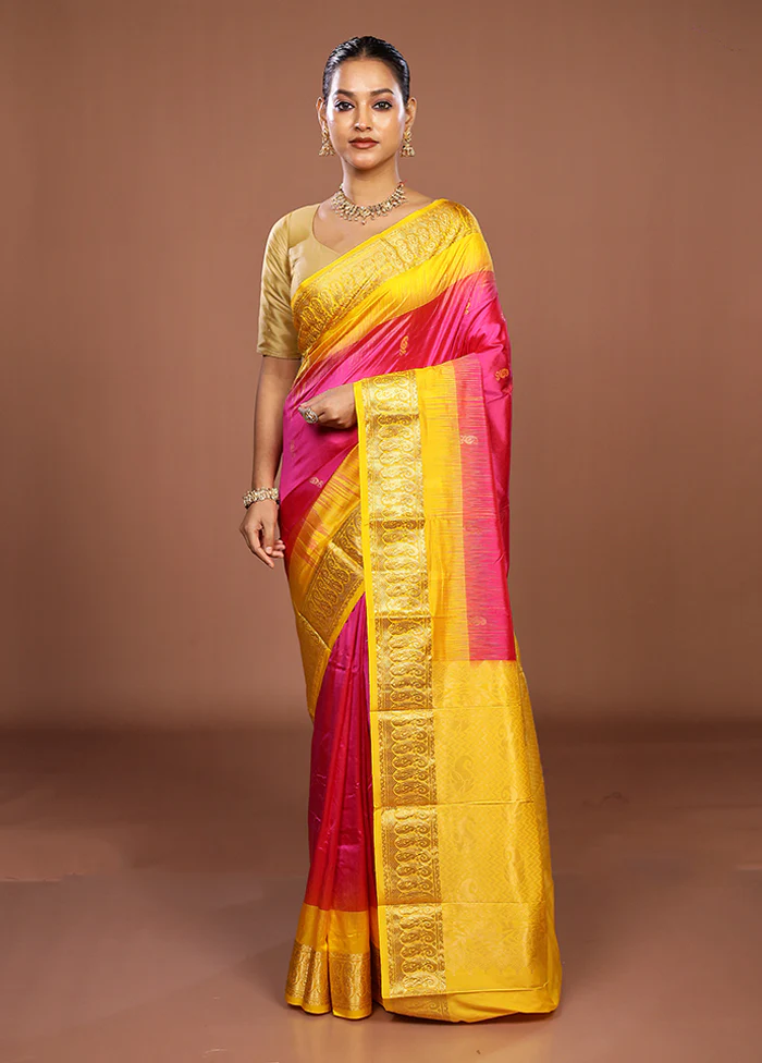 Pink Handloom Kanjivaram Pure Silk Saree With Blouse Piece - Image 2