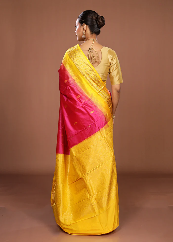 Pink Handloom Kanjivaram Pure Silk Saree With Blouse Piece - Image 3