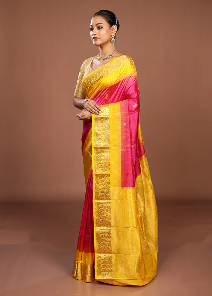 Pink Handloom Kanjivaram Pure Silk Saree With Blouse Piece - Image 4