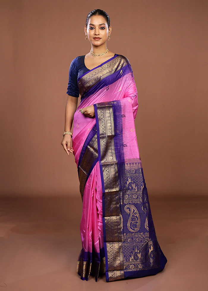Pink Handloom Kanjivaram Pure Silk Saree With Blouse Piece - Image 2