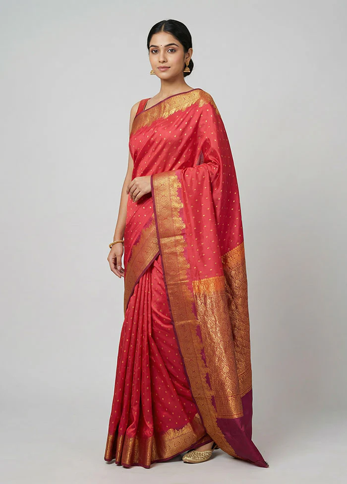 Pink Handloom Kanjivaram Pure Silk Saree With Blouse Piece