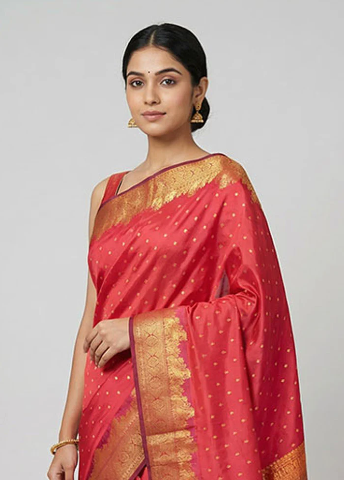 Pink Handloom Kanjivaram Pure Silk Saree With Blouse Piece - Image 2