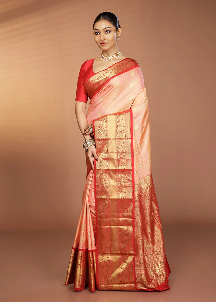 Pink Handloom Kanjivaram Pure Silk Saree With Blouse Piece - Image 4
