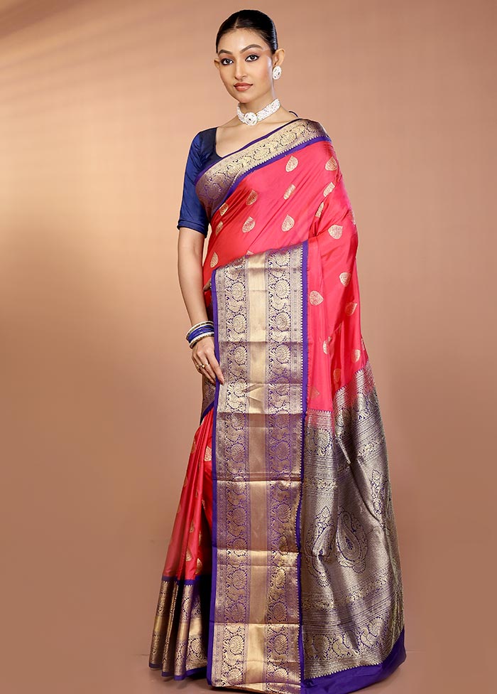 Pink Handloom Kanjivaram Pure Silk Saree With Blouse Piece - Image 4