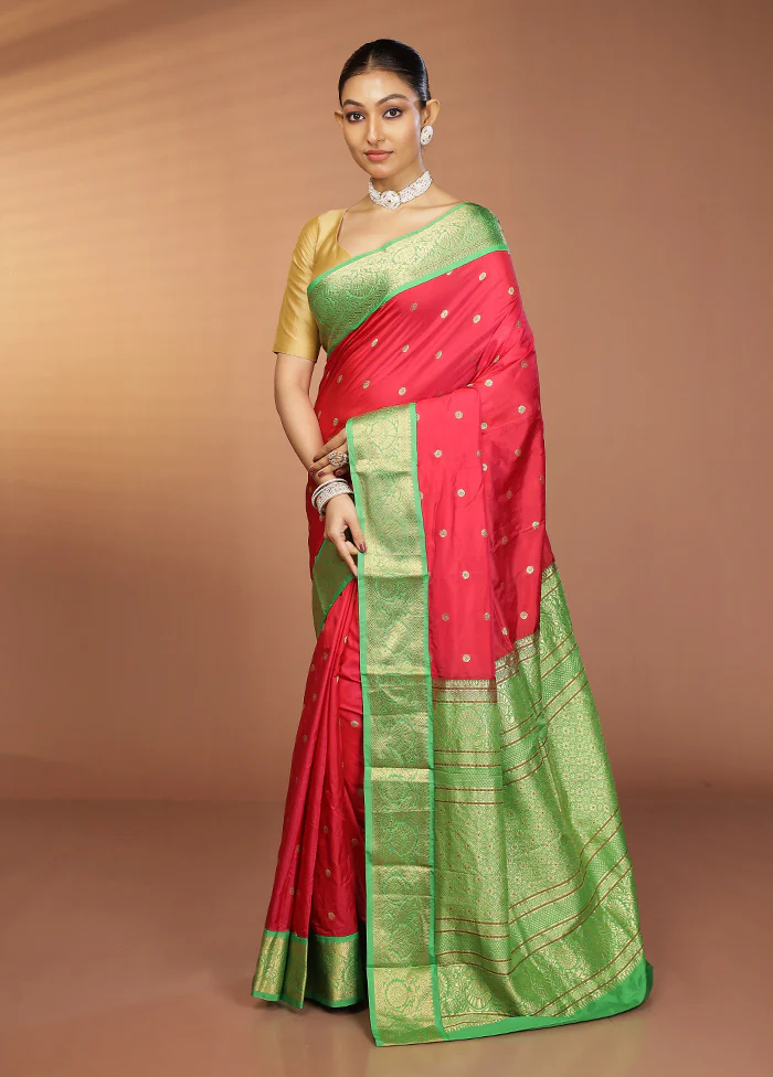 Pink Handloom Kanjivaram Pure Silk Saree With Blouse Piece - Image 4