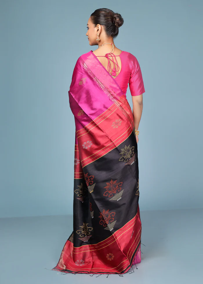 Pink Handloom Kanjivaram Pure Silk Saree With Blouse Piece - Image 3