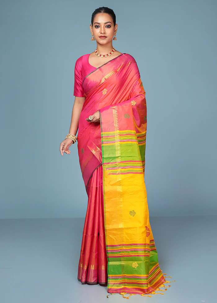 Pink Handloom Kanjivaram Pure Silk Saree With Blouse Piece - Image 2