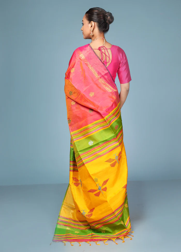 Pink Handloom Kanjivaram Pure Silk Saree With Blouse Piece - Image 3