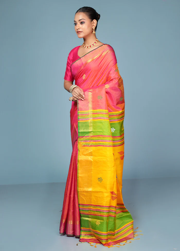 Pink Handloom Kanjivaram Pure Silk Saree With Blouse Piece - Image 4