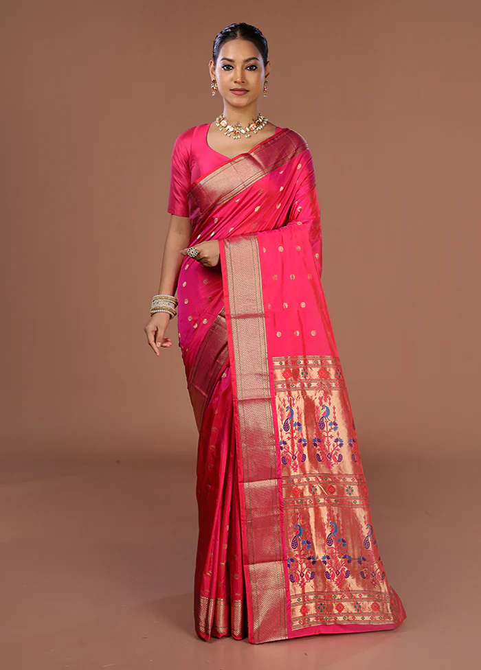 Pink Handloom Kanjivaram Pure Silk Saree With Blouse Piece - Image 2