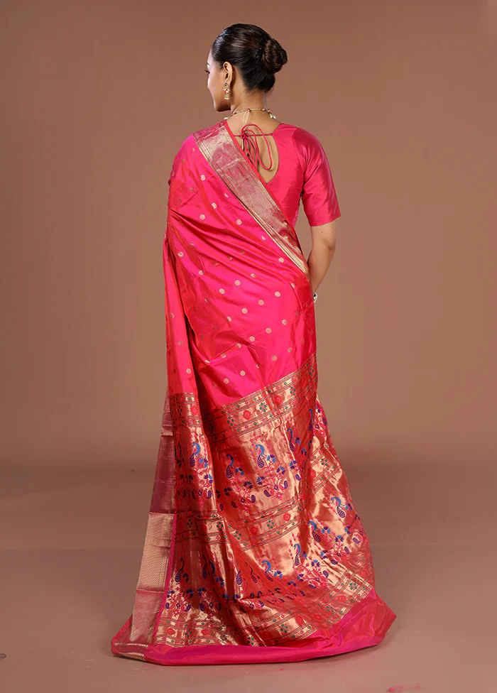 Pink Handloom Kanjivaram Pure Silk Saree With Blouse Piece - Image 3