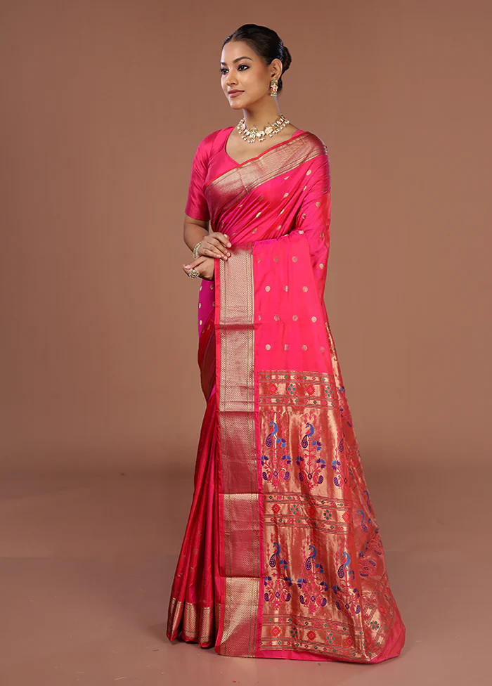 Pink Handloom Kanjivaram Pure Silk Saree With Blouse Piece - Image 4