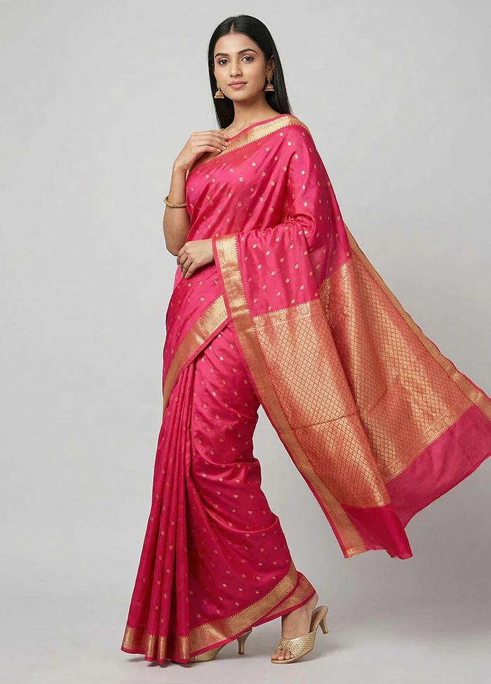 Pink Handloom Kanjivaram Pure Silk Saree With Blouse Piece