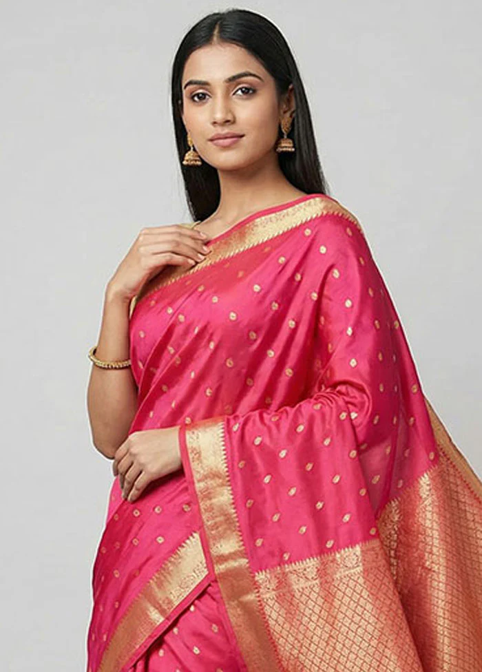 Pink Handloom Kanjivaram Pure Silk Saree With Blouse Piece - Image 2
