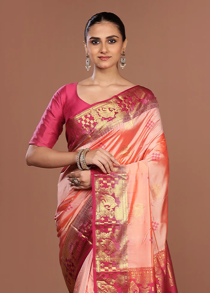 Peach Handloom Kanjivaram Pure Silk Saree With Blouse Piece