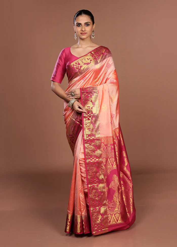 Peach Handloom Kanjivaram Pure Silk Saree With Blouse Piece - Image 2