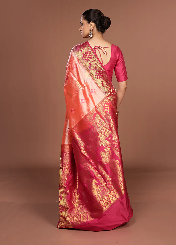 Peach Handloom Kanjivaram Pure Silk Saree With Blouse Piece - Image 3