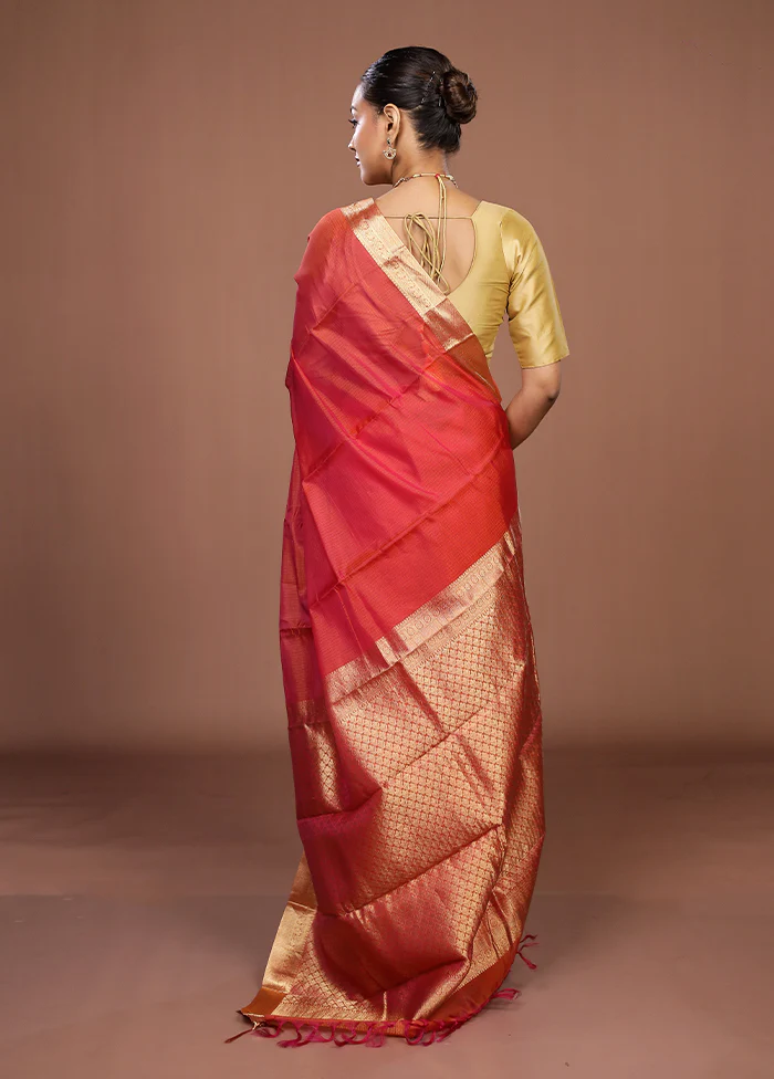 Pink Handloom Kanjivaram Pure Silk Saree With Blouse Piece - Image 3