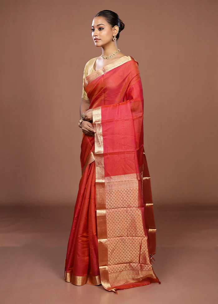 Pink Handloom Kanjivaram Pure Silk Saree With Blouse Piece - Image 4