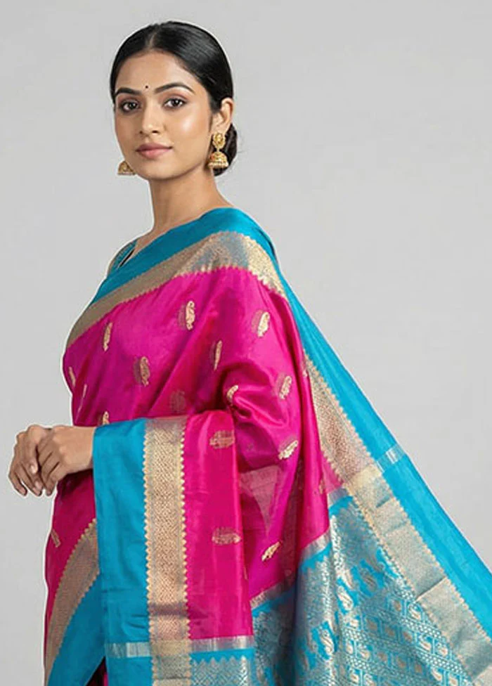 Pink Handloom Kanjivaram Pure Silk Saree With Blouse Piece - Image 2