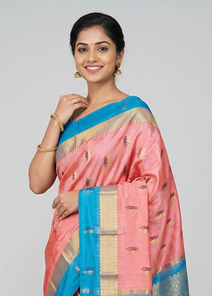 Pink Handloom Kanjivaram Pure Silk Saree With Blouse Piece - Image 2
